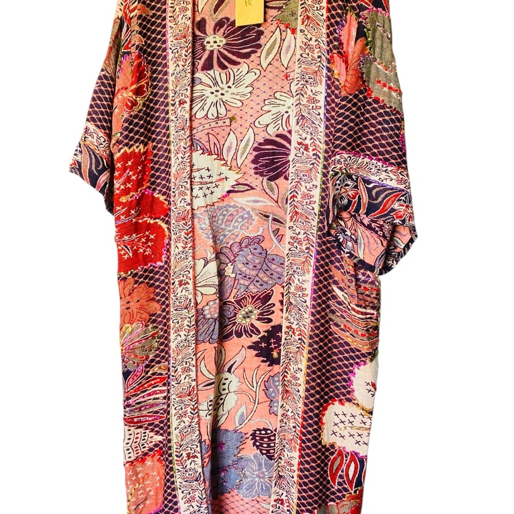 Raj Kimono Woman’s Cardigan Red Multicolour Floral Embroidered OSFM